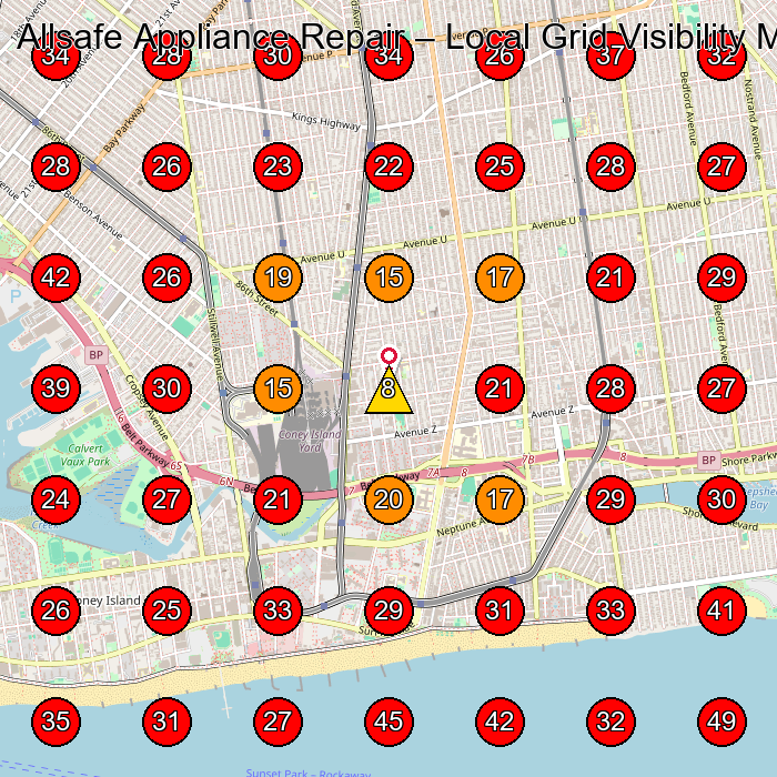 Allsafe Appliance Repair GeoGrid visibility map for Appliance Repair Service in Brooklyn